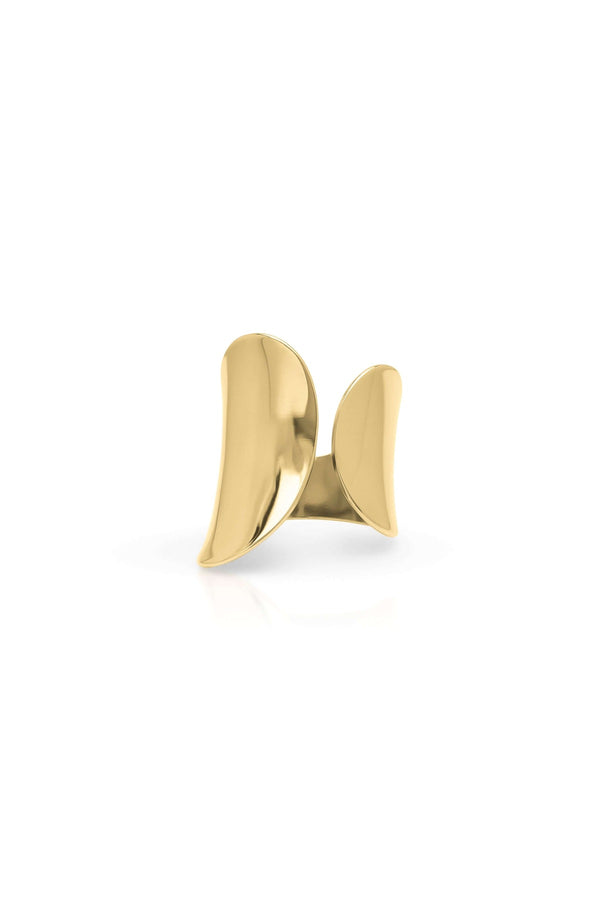 Elegant gold sculpted leaf statement ring by ARIIRA, featuring a wide band and organic, fluid design.