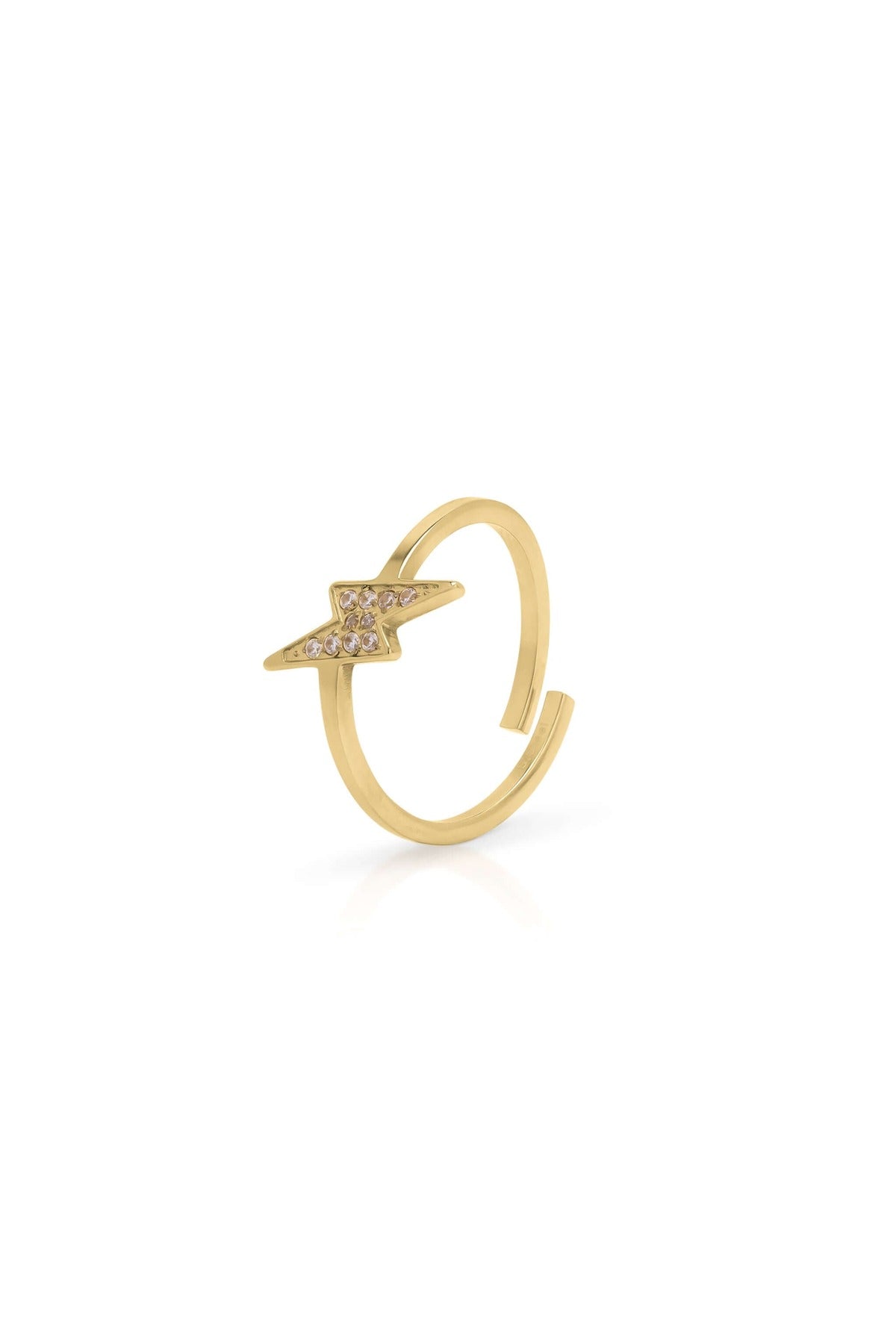 Azra Lightning Bolt Adjustable Gold Ring by ARIIRA with delicate stone embellishments, showcasing a playful yet refined design.