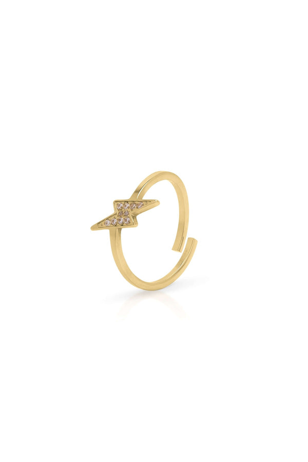 Azra Lightning Bolt Adjustable Gold Ring by ARIIRA with delicate stone embellishments, showcasing a playful yet refined design.