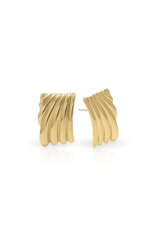 Freya Sculpted Wave Hoops by ARIIRA, gold earrings with ridged wave design reflecting light elegantly.