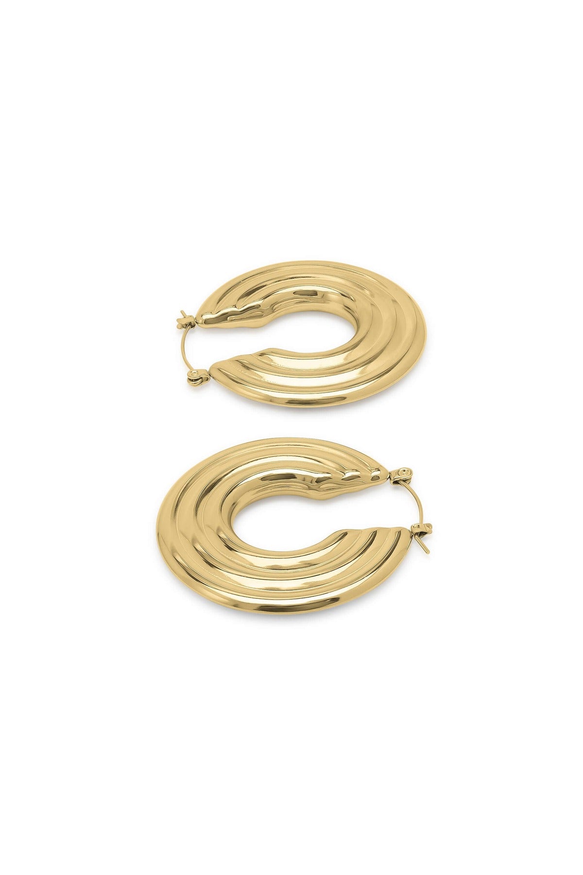 Elia Sculpted Oval Hoop Earrings by ARIIRA in polished gold, showcasing a fluid shape with subtle ridges.