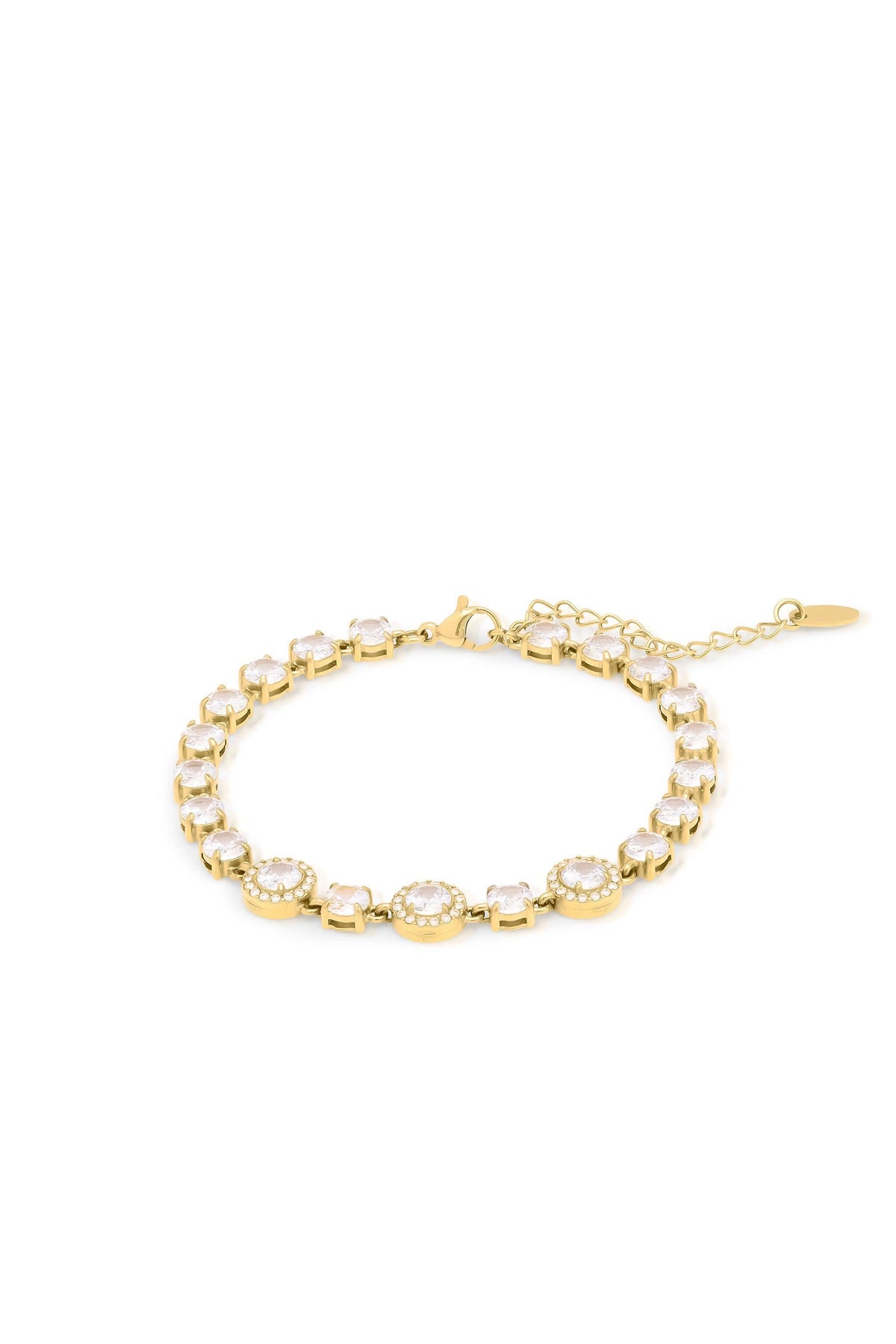 Amira Gold Diamante Tennis Bracelet featuring gold-plated stainless steel and shimmering stones for an elegant touch.