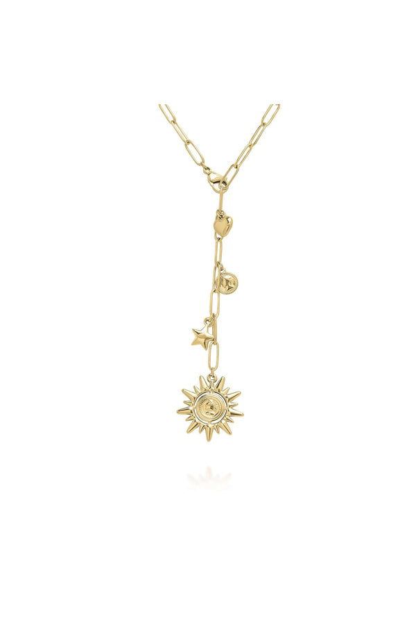 Gold Celestial Charm Drop Necklace by ARIIRA featuring sun, star, heart, and medallion charms on a chain.