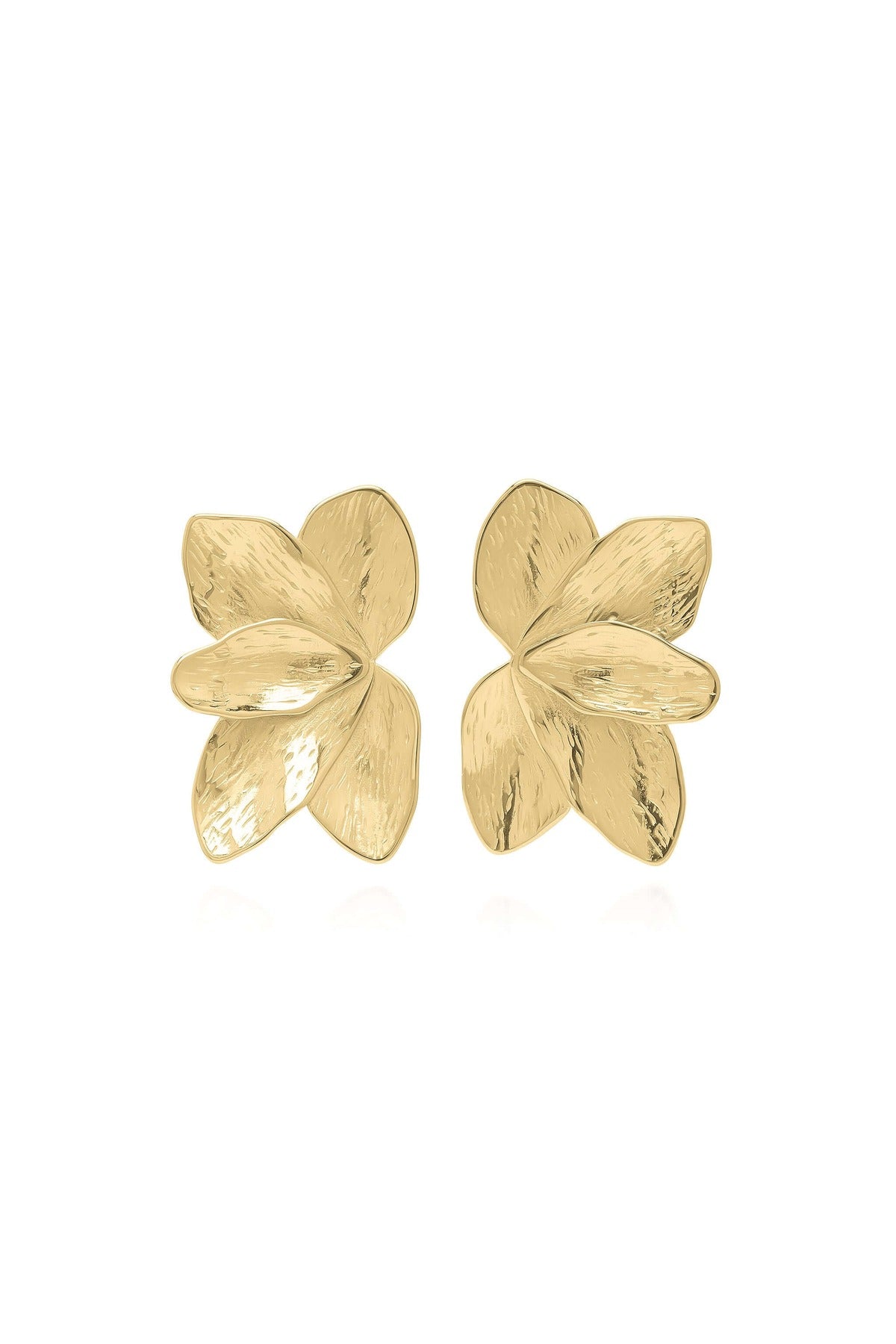 Flora Textured Bloom Stud Earrings by ARIIRA, crafted in waterproof gold, showcasing petal-like curves with a luminous finish.