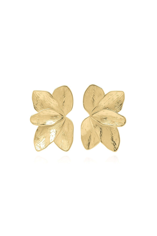 Flora Textured Bloom Stud Earrings by ARIIRA, crafted in waterproof gold, showcasing petal-like curves with a luminous finish.