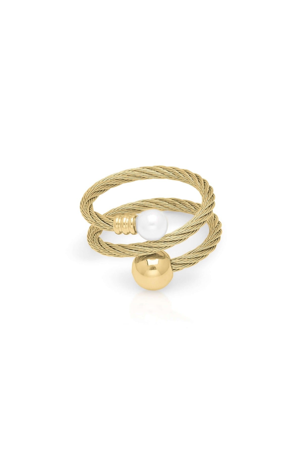 Sana Double Orb Twist Ring by ARIIRA featuring a twisted rope design with smooth gold and pearl orbs.