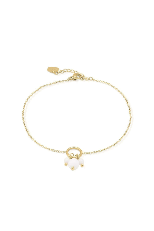 Freya Delicate Pearl Charm Anklet by ARIIRA, featuring gold-plated chain and pearl-like beads, perfect for stacking.