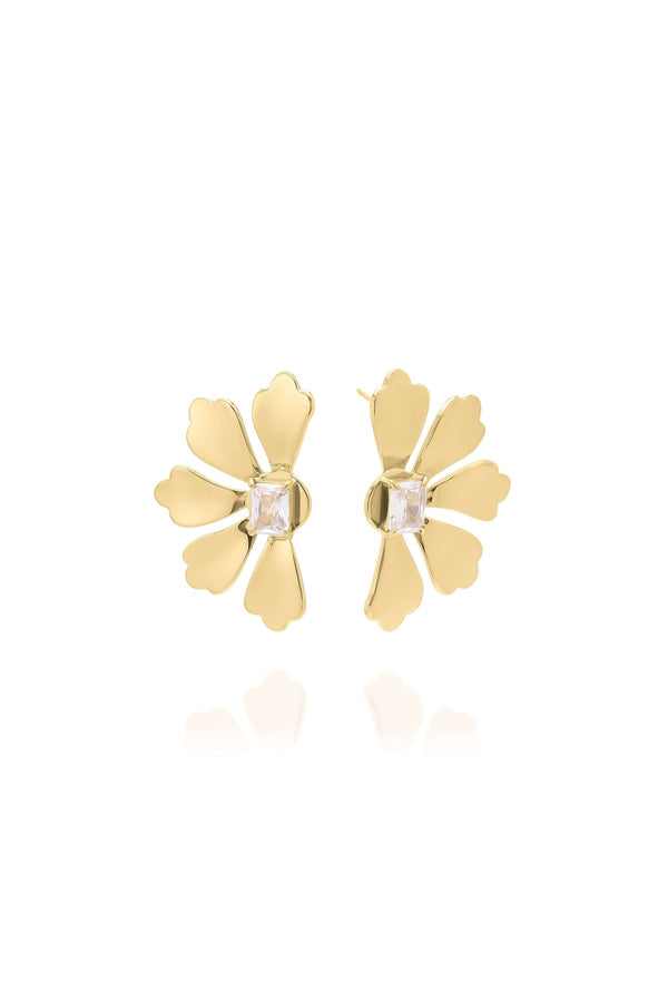 Camille Crystal Bloom Earrings by ARIIRA, gold-plated floral design with brilliant cut crystal centerpiece, elegant and waterproof.