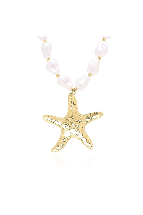Eden Pearl Bead Necklace with Hammered Gold Starfish Pendant, featuring organic pearl beads for a coastal-inspired look.