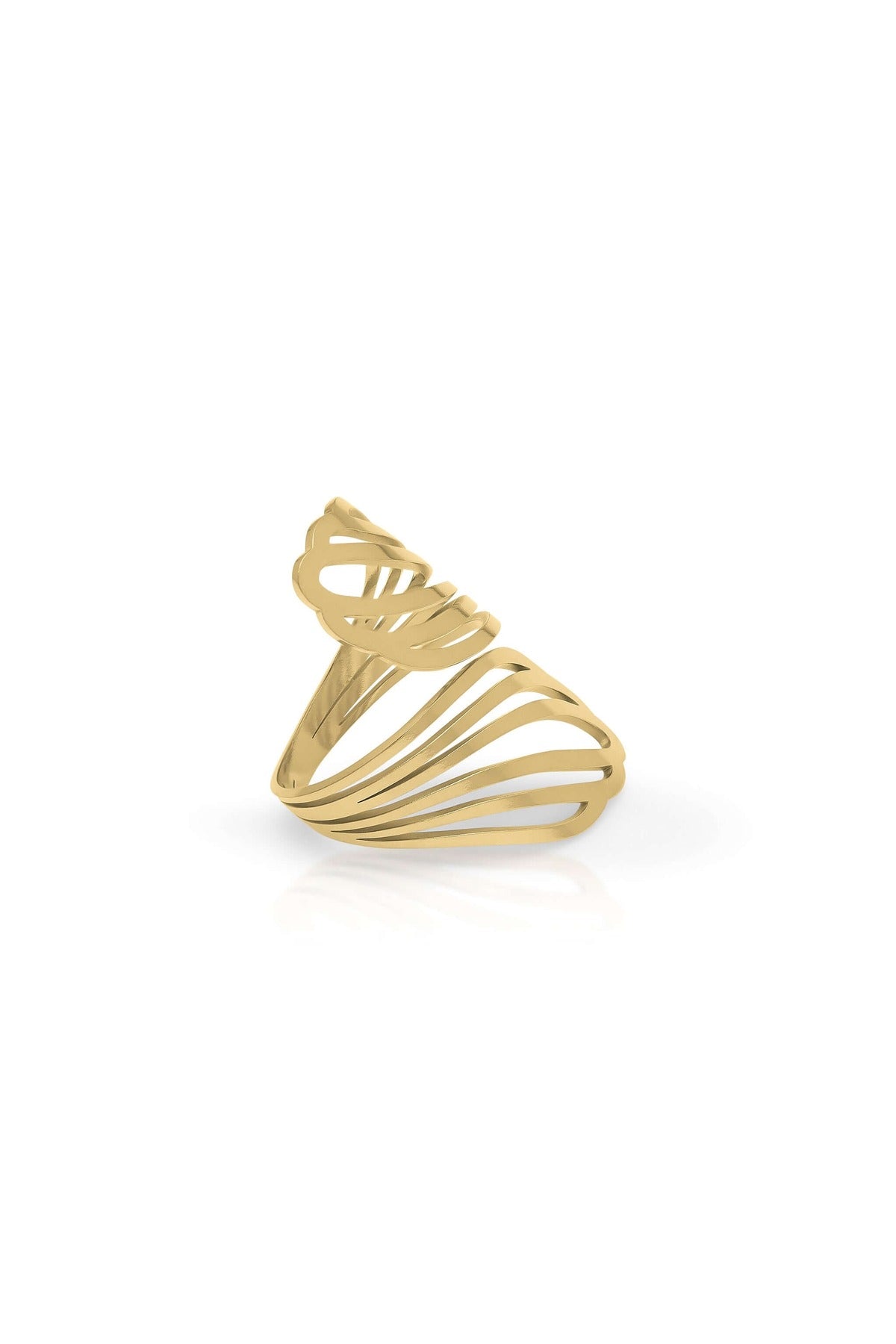 Lina Shell Cut-Out Ring by ARIIRA, showcasing a golden sculptural design that embodies elegance and graceful energy.