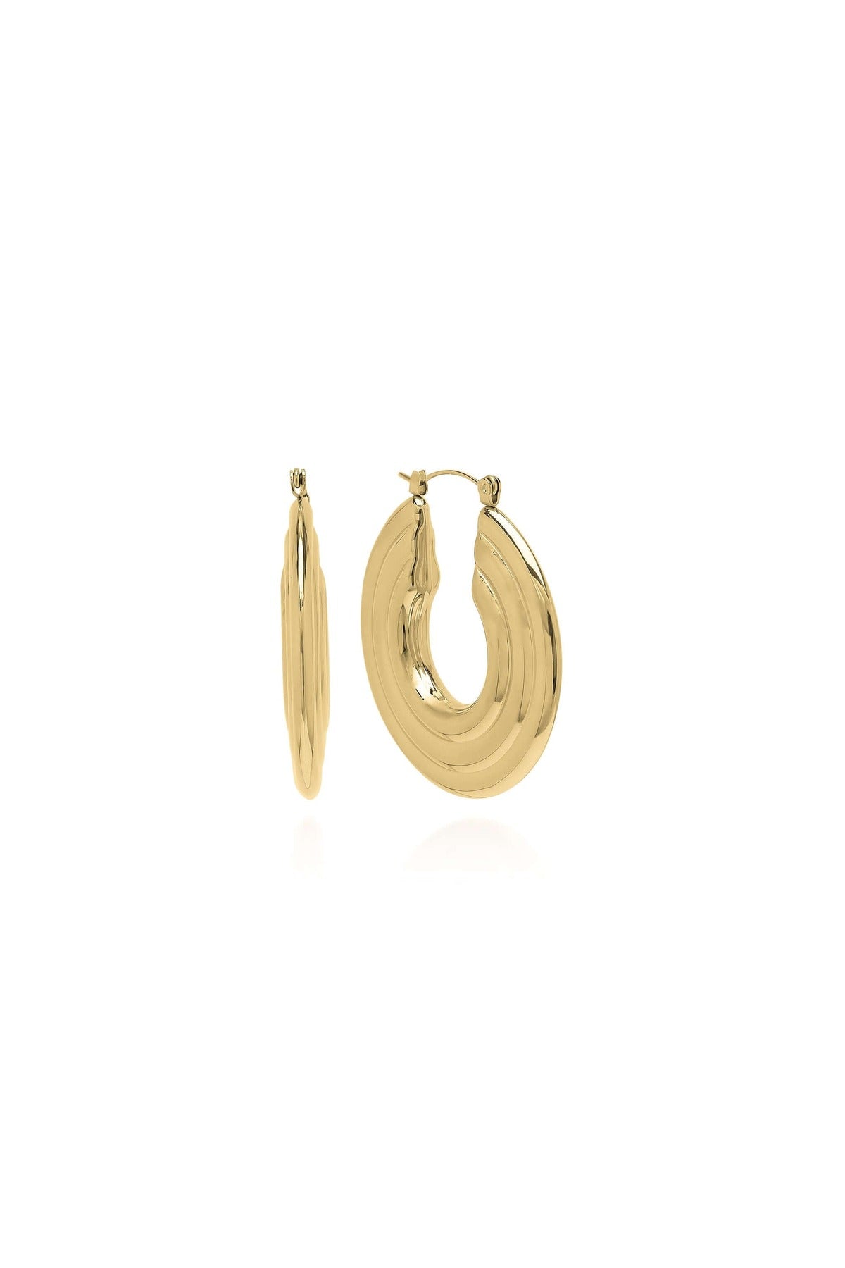 Elia Sculpted Oval Hoop Earrings by ARIIRA featuring sleek design, reflective gold finish, and lightweight appeal.