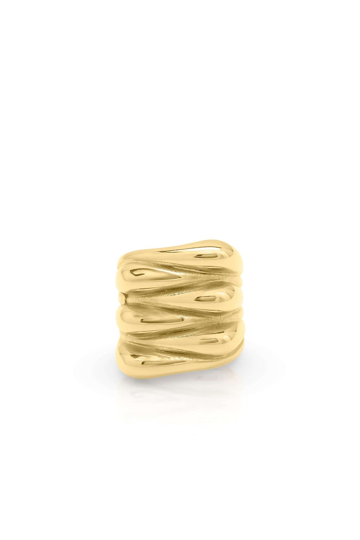 Alina Gold Sculpted Statement Ring by ARIIRA, featuring smooth wave-like ridges in gold-plated stainless steel.