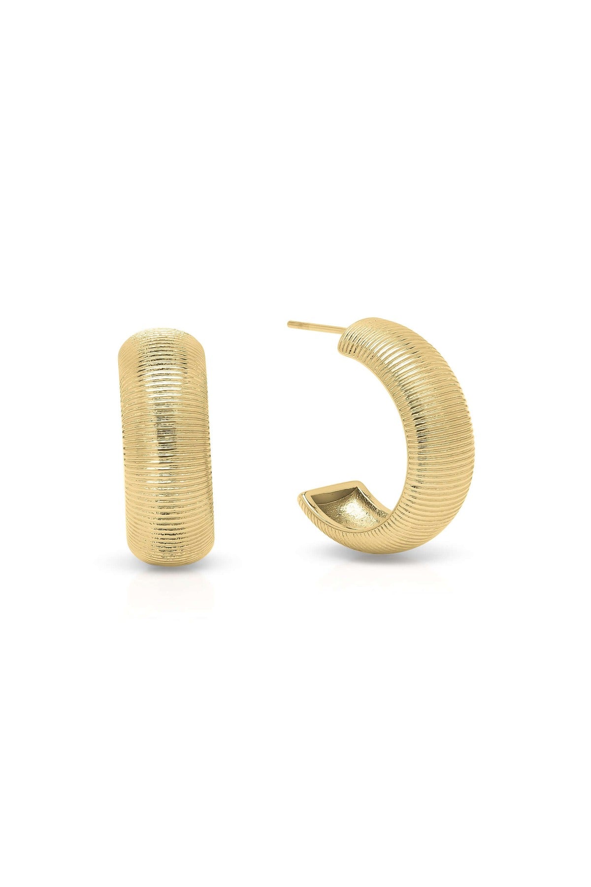 Gold ribbed hoop earrings by ARIIRA featuring textured design with polished brushed finish.