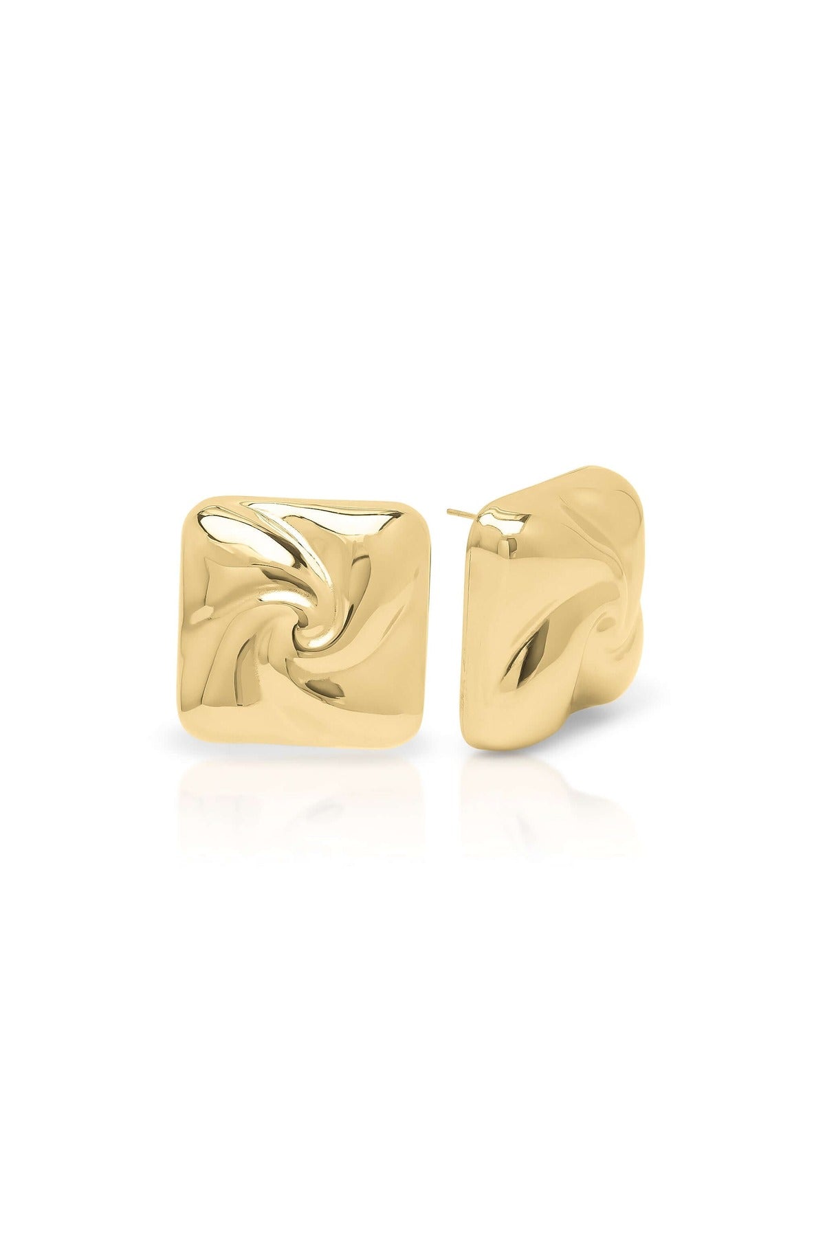 Mira Sculpted Stud Earrings by ARIIRA featuring polished, sculptural square design with swirls and soft edges in gold.