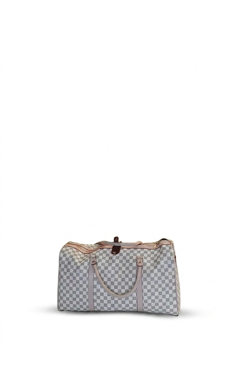 Indigo Checked Print Overnight Bag - White