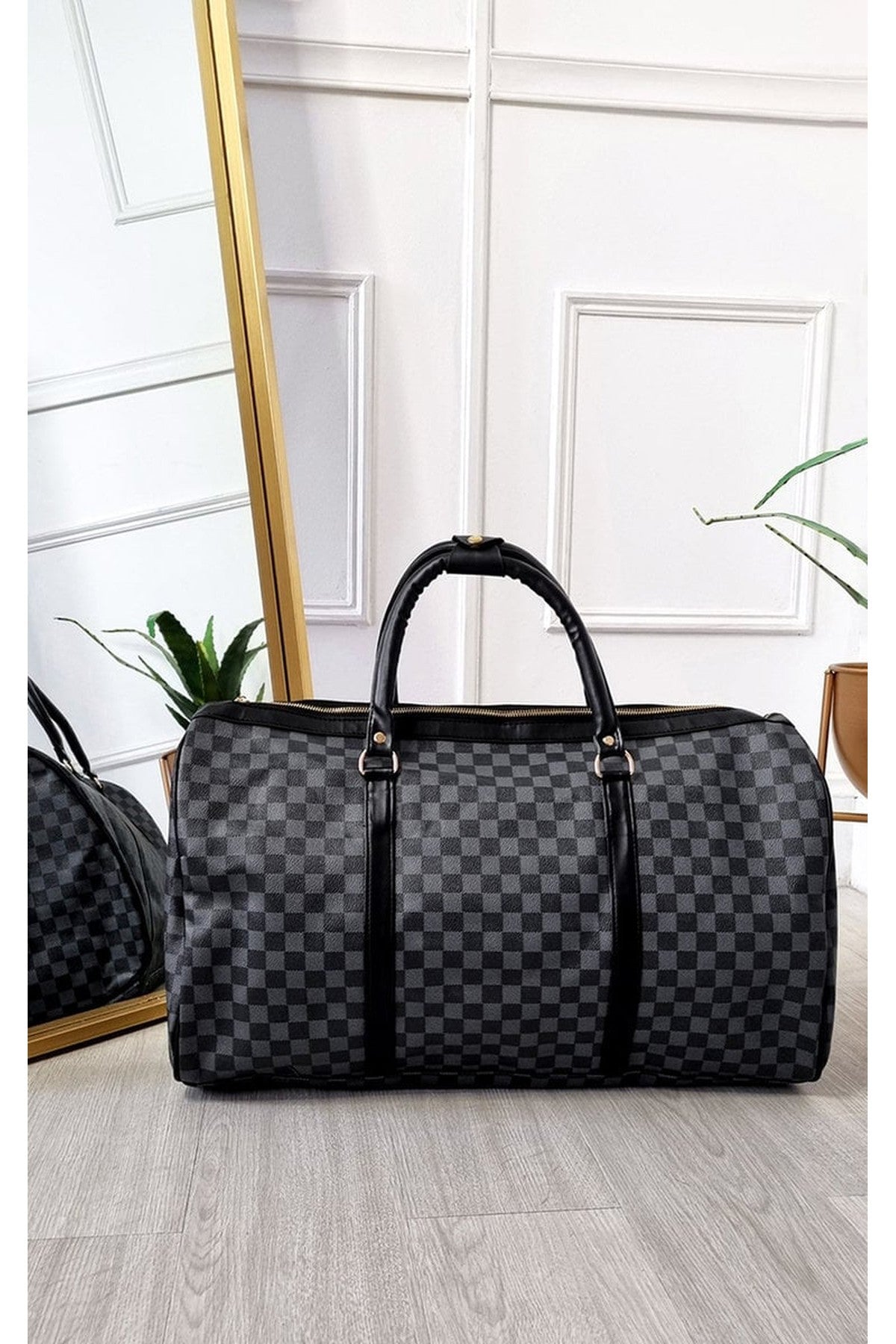 Indigo Checked Print Overnight Bag - Black