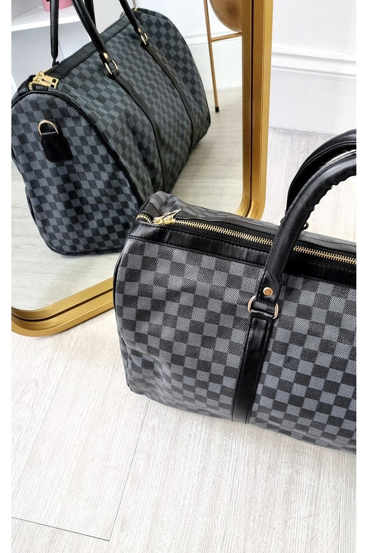 Indigo Checked Print Overnight Bag - Black