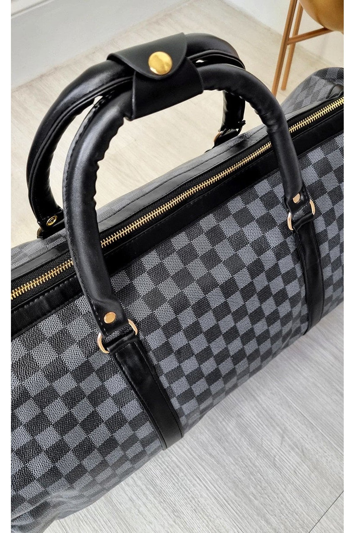 Indigo Checked Print Overnight Bag - Black