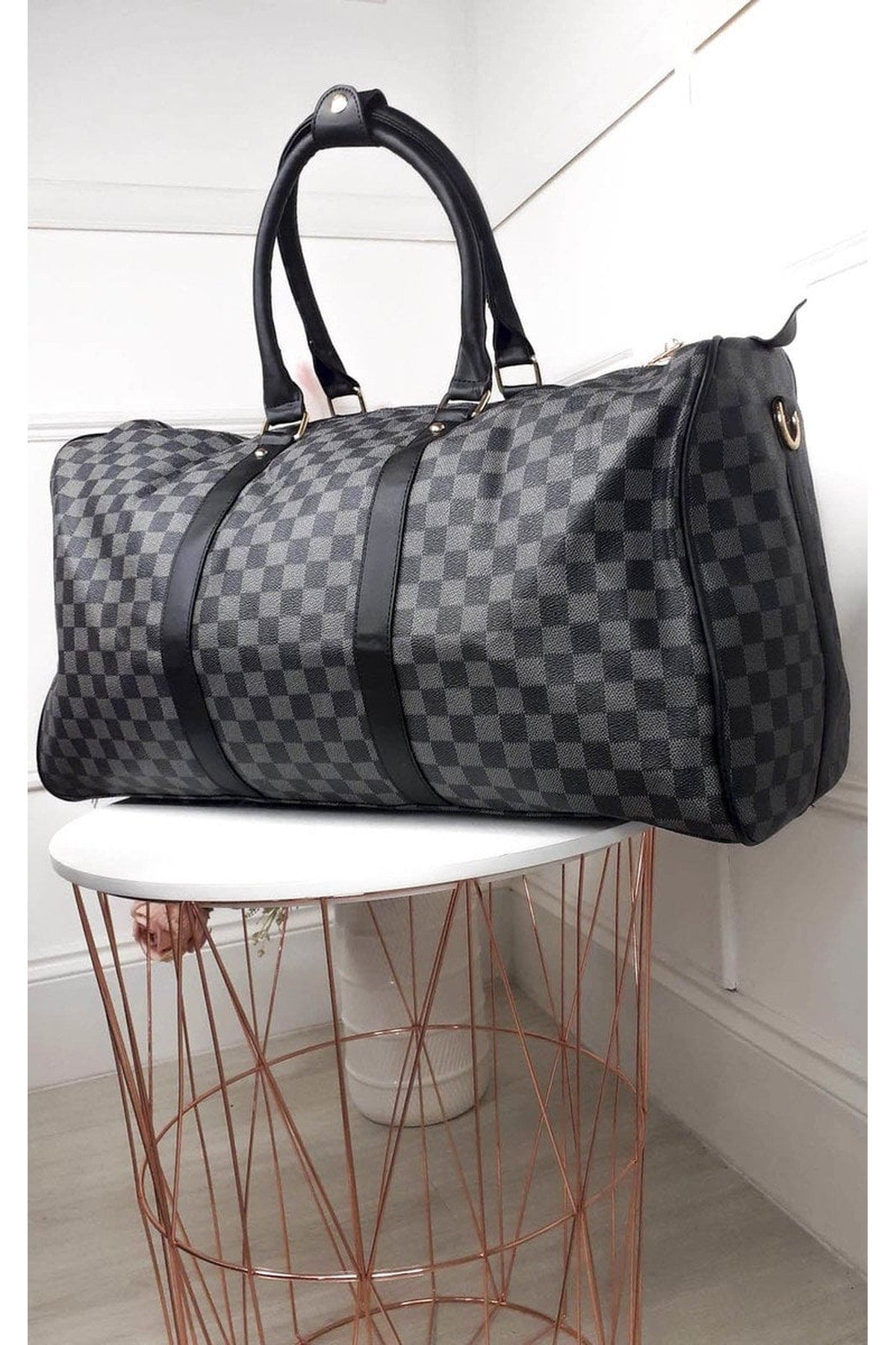 Indigo Checked Print Overnight Bag - Black