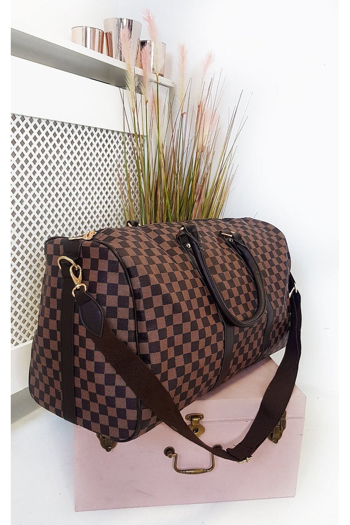 Indigo Checked Print Overnight Bag - Coffee