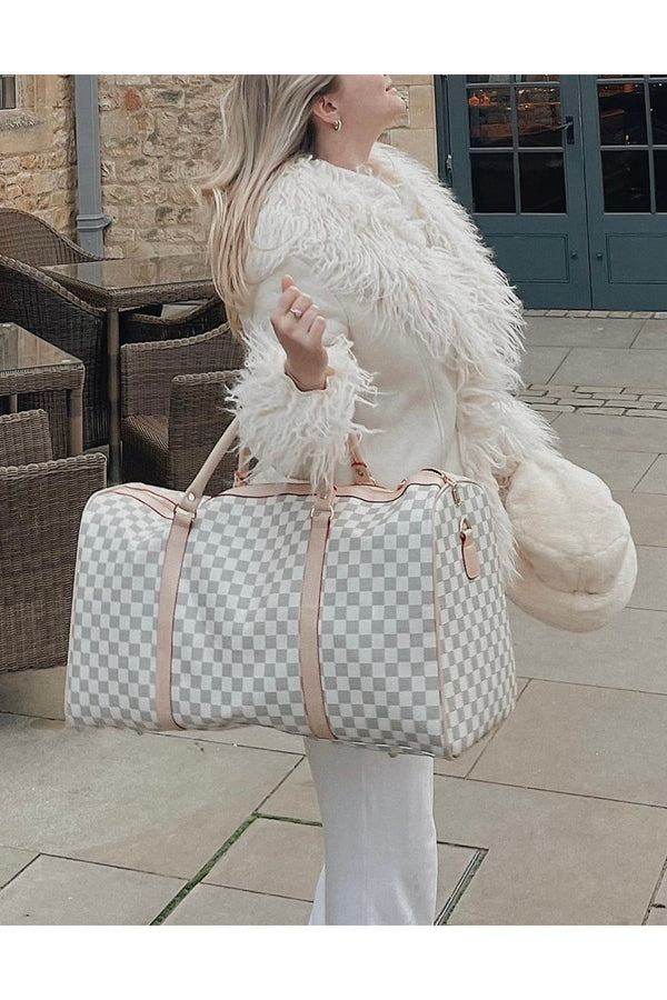 Indigo Checked Print Overnight Bag - White
