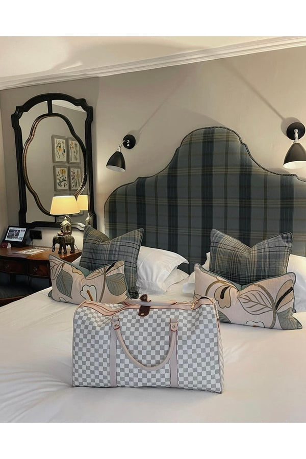 Indigo Checked Print Overnight Bag - White
