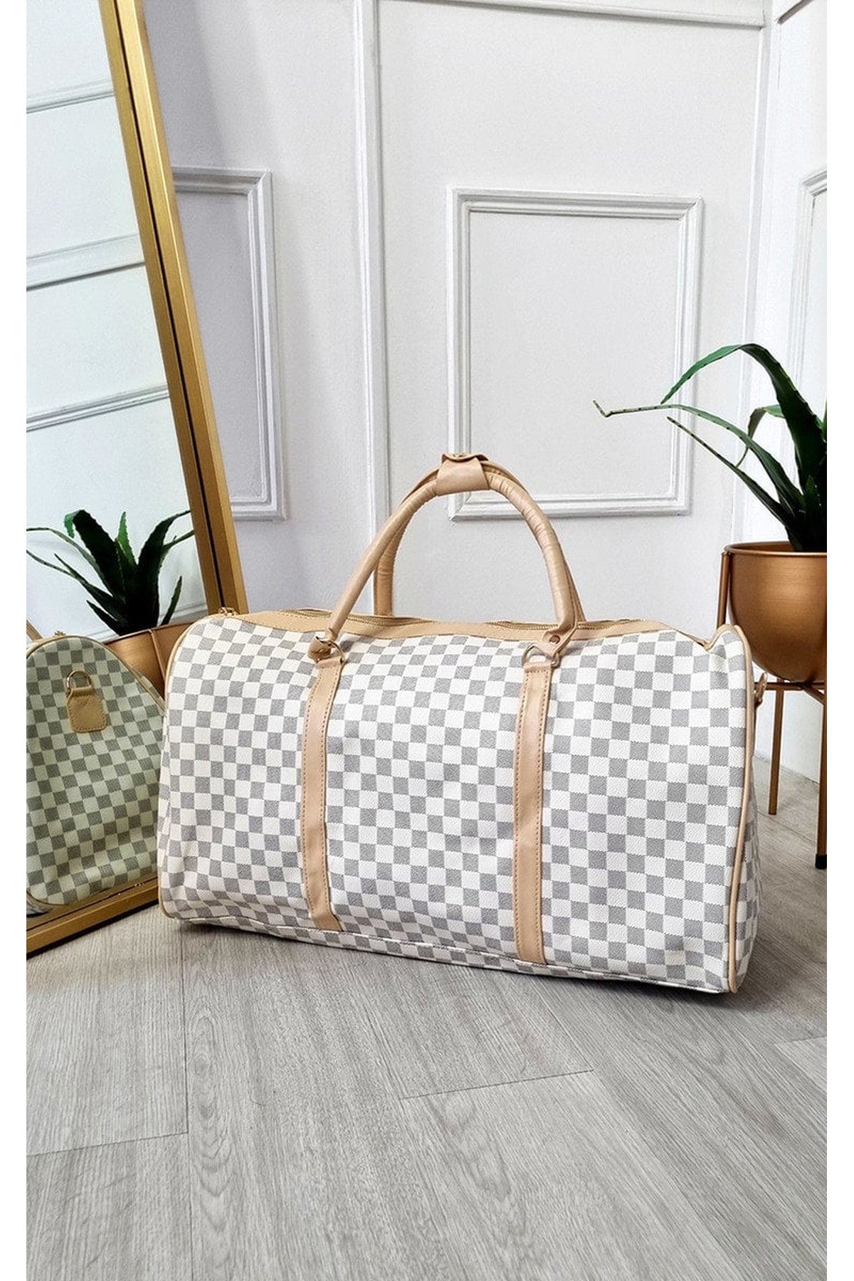 Indigo Checked Print Overnight Bag - White