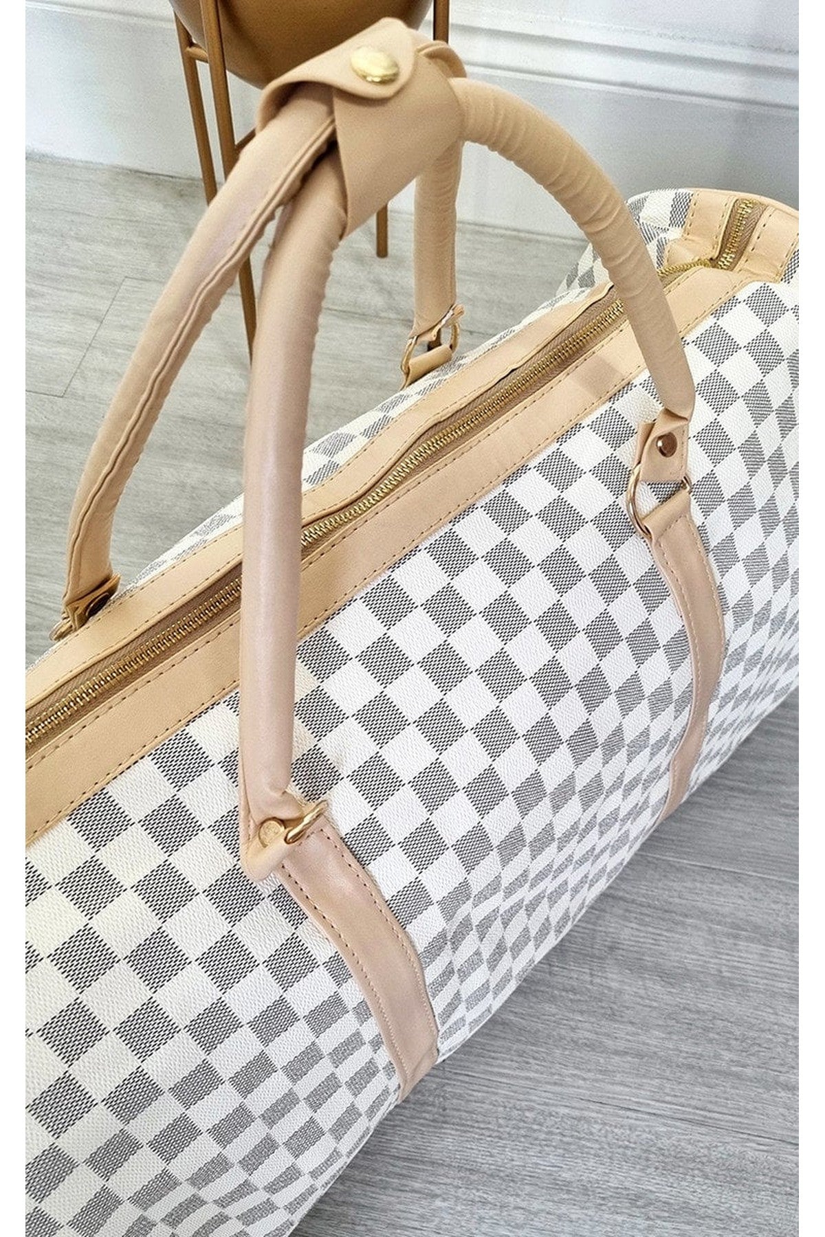Indigo Checked Print Overnight Bag - White