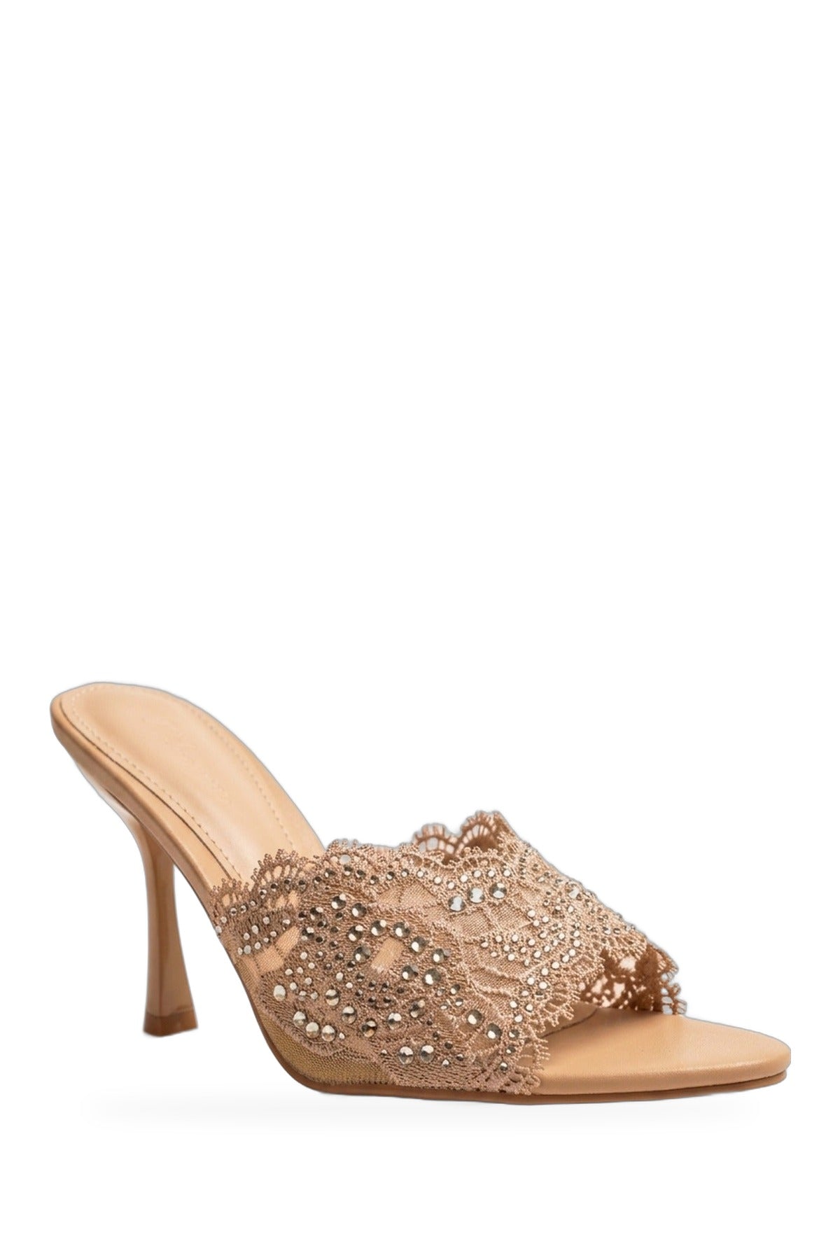 Ines Embellished Lace Stiletto Mules - Nude
