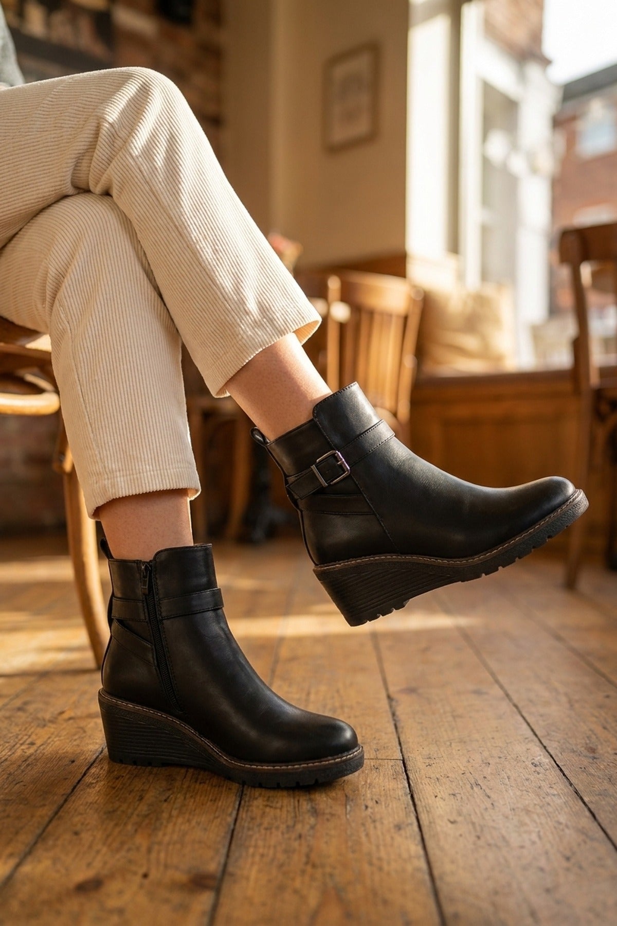 Isabel Side Zip Low Wedge Chelsea Ankle Boots - Black