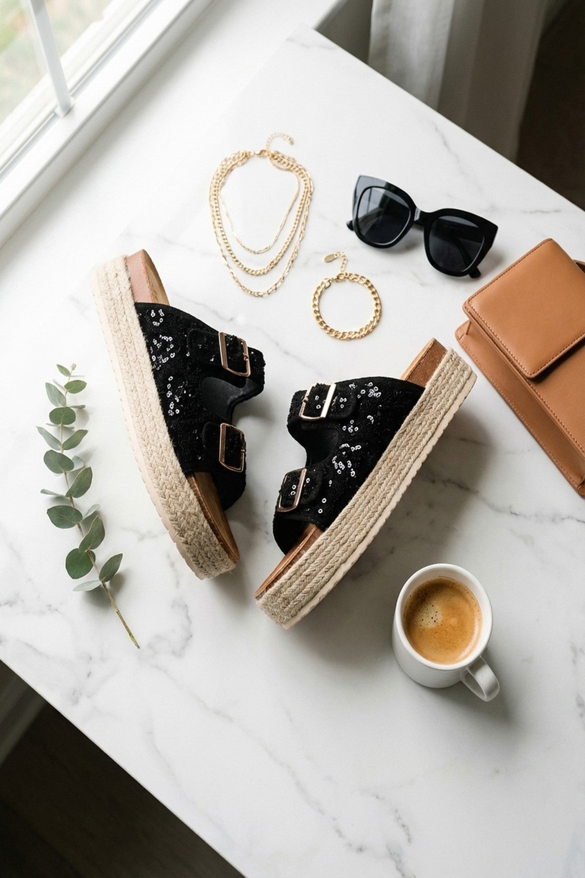 Isla Womens Sequin Platform Espadrille Sandals - Black