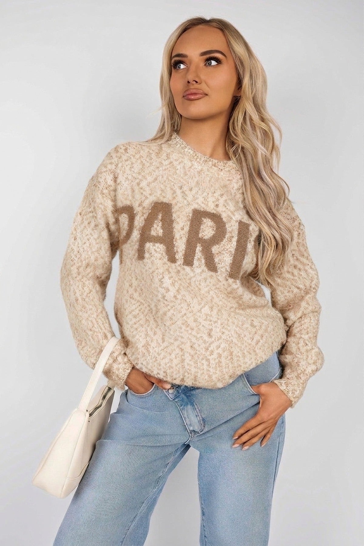 Jalina Long Sleeve Oversized Knitted Jumper With Paris Slogan - Beige