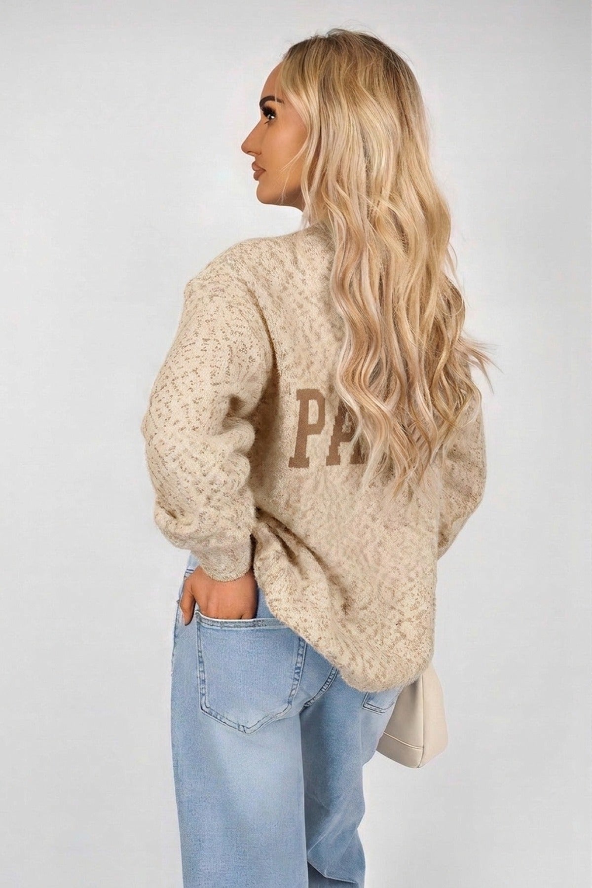 Jalina Long Sleeve Oversized Knitted Jumper With Paris Slogan - Beige