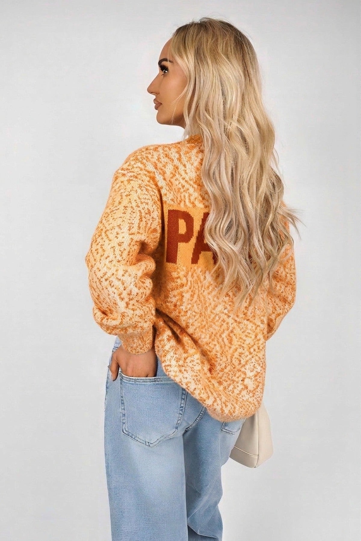 Jalina Long Sleeve Oversized Knitted Jumper With Paris Slogan - Orange