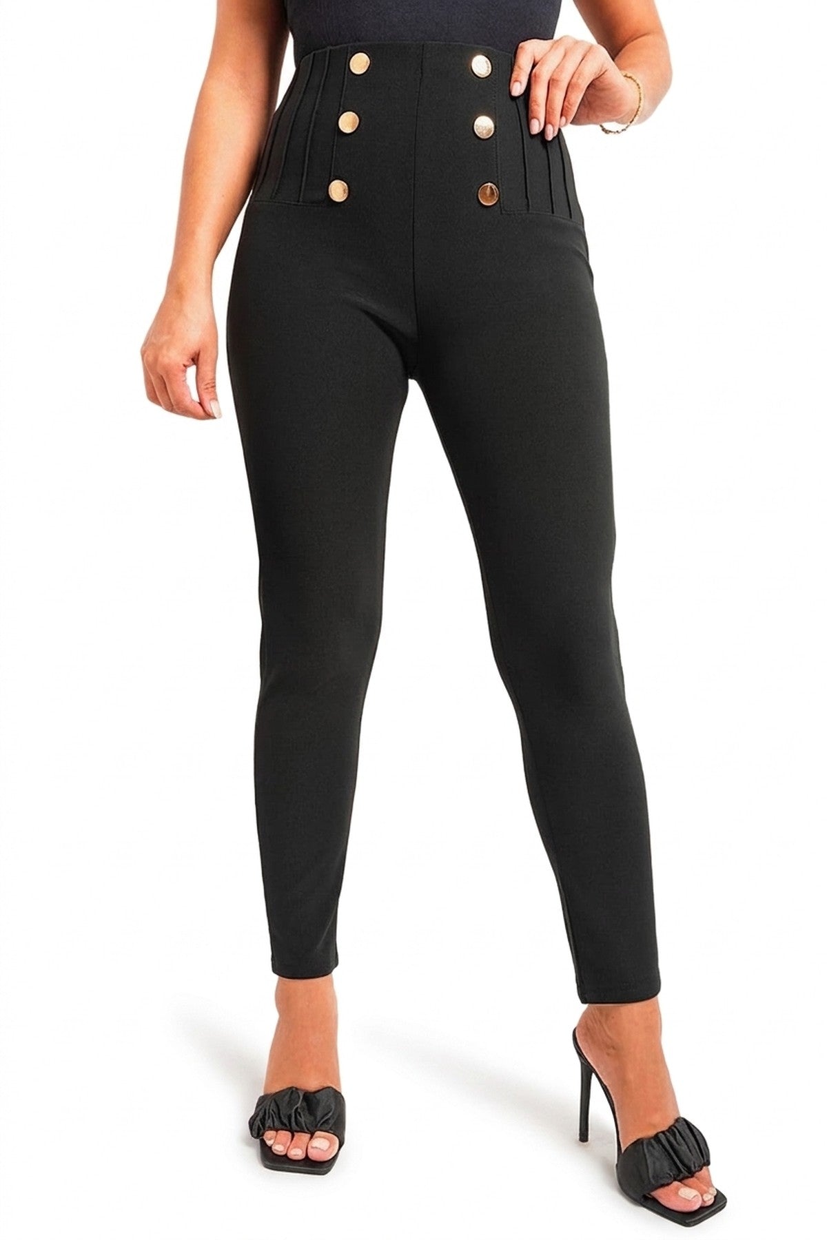 Jemma High Waisted Button Front Detail Trouser - BLACK_wb