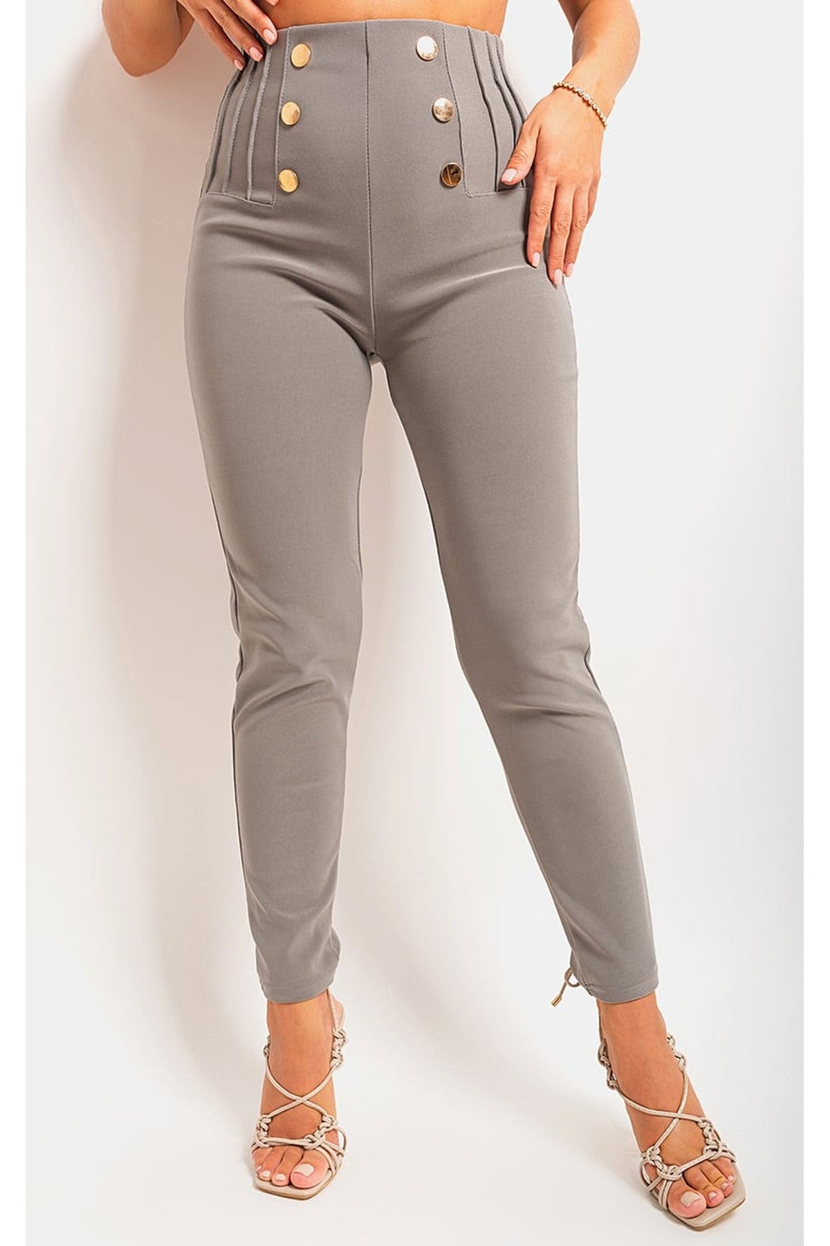 Jemma High Waisted Button Front Detail Trouser - Grey