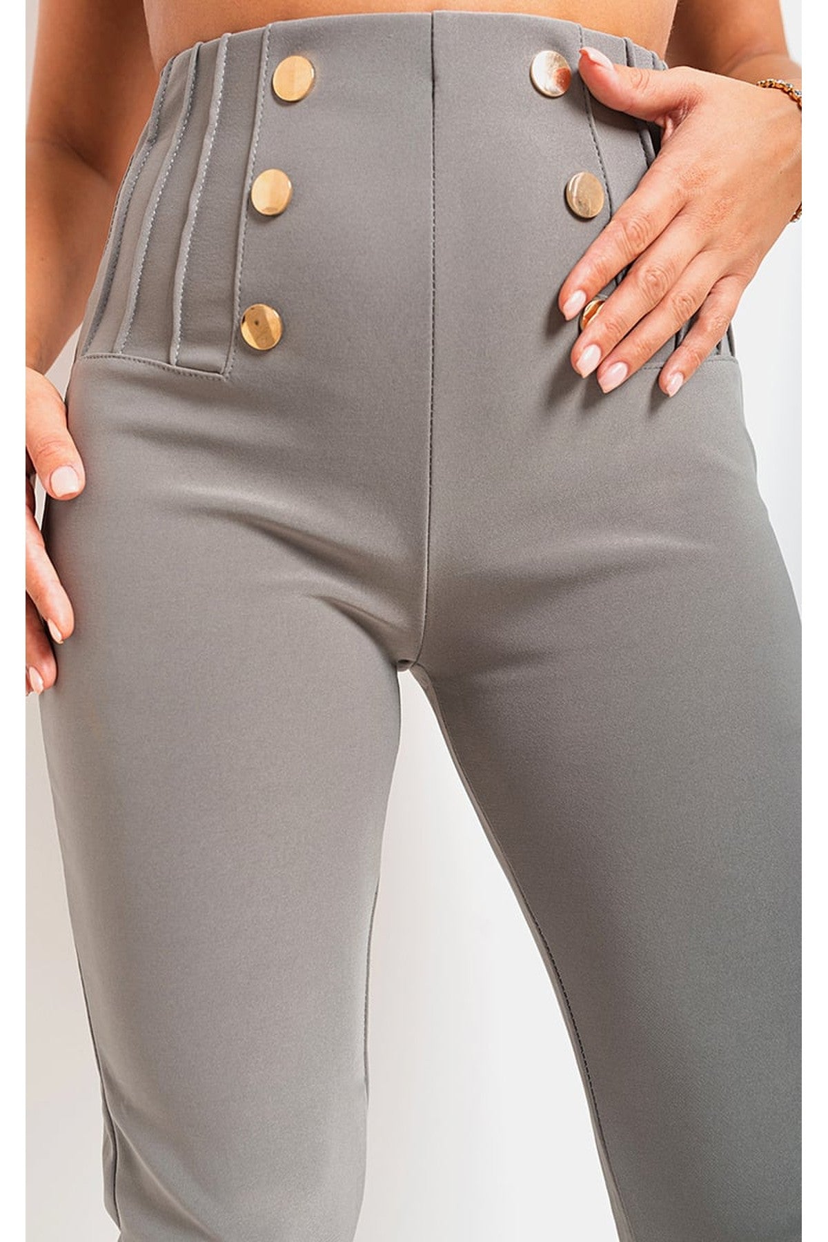 Jemma High Waisted Button Front Detail Trouser - Grey