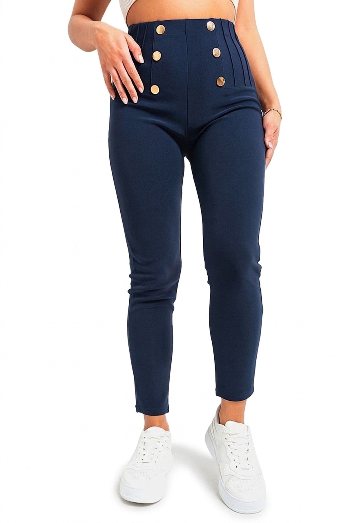 Jemma High Waisted Button Front Detail Trouser - NAVY_wb