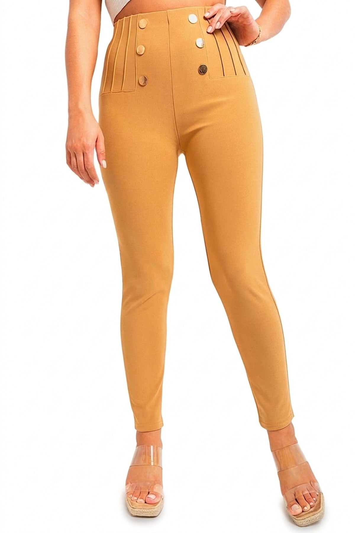 Jemma High Waisted Button Front Detail Trouser - Stone_wb
