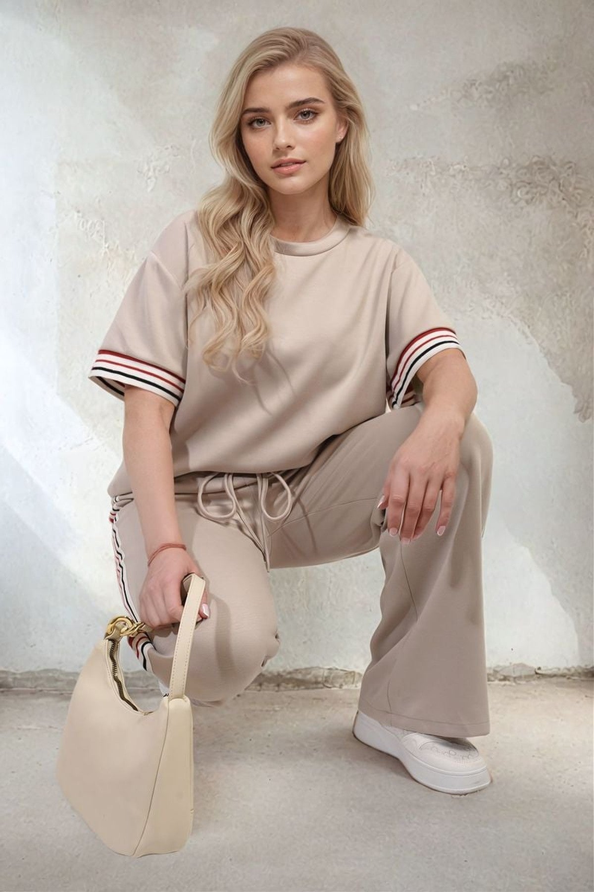 Jennifer Contrast Stripe Top And Wide Leg Trouser Co-ord Set - Beige