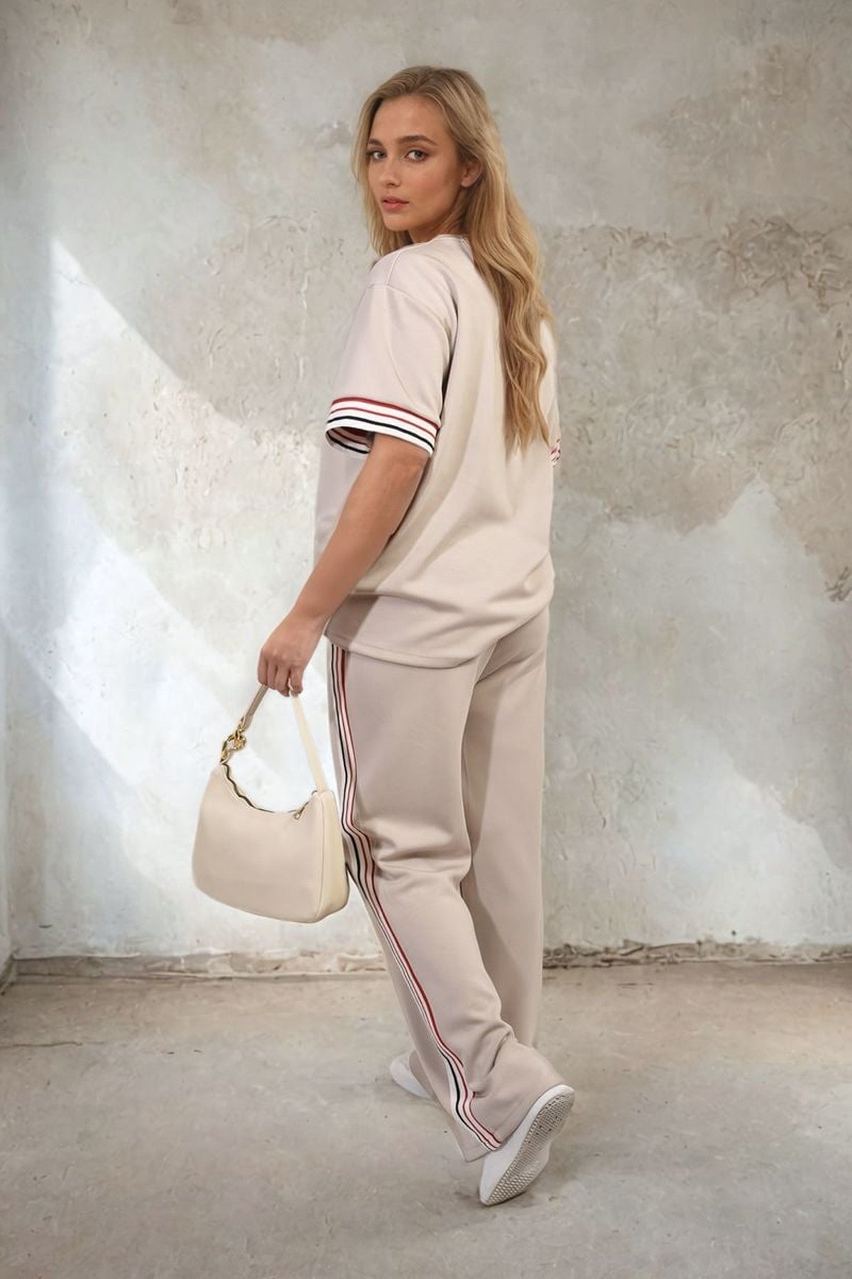 Jennifer Contrast Stripe Top And Wide Leg Trouser Co-ord Set - Beige