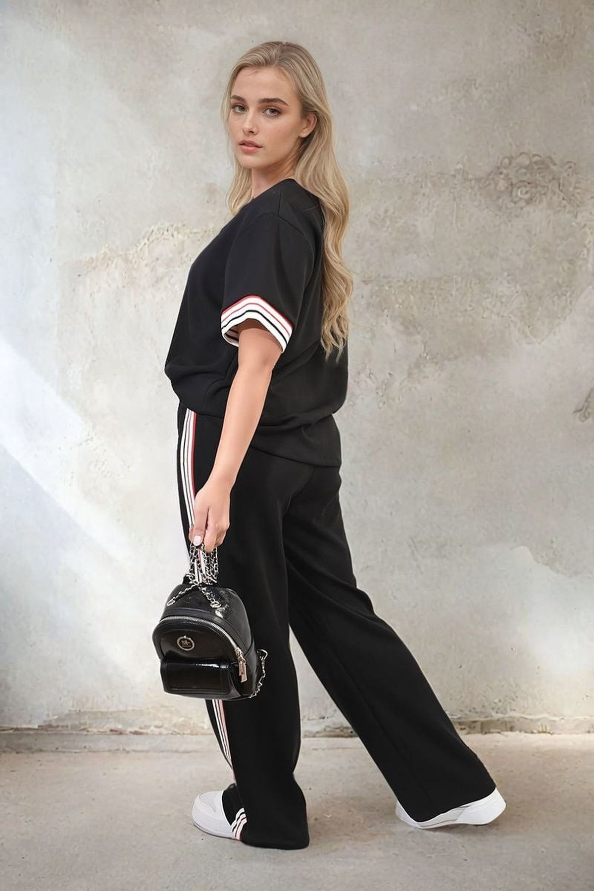 Jennifer Contrast Stripe Top And Wide Leg Trouser Co-ord Set - Black