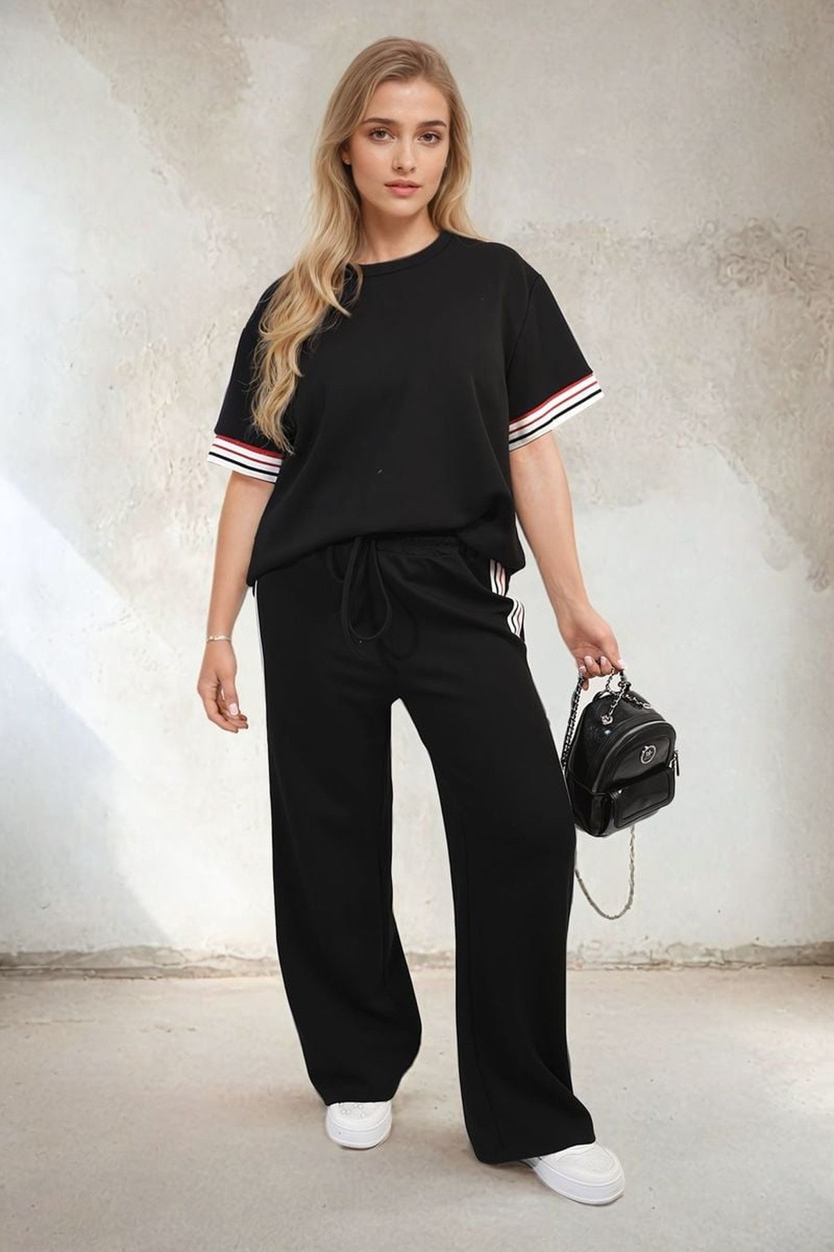 Jennifer Contrast Stripe Top And Wide Leg Trouser Co-ord Set - Black