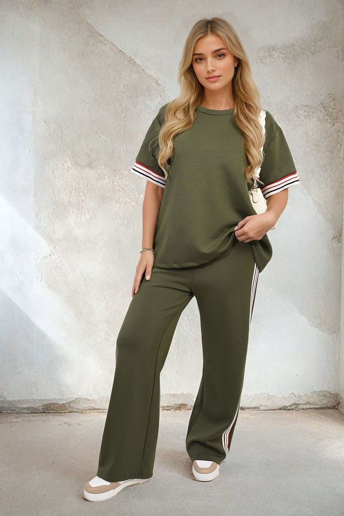 Jennifer Contrast Stripe Top And Wide Leg Trouser Co-ord Set - Khaki