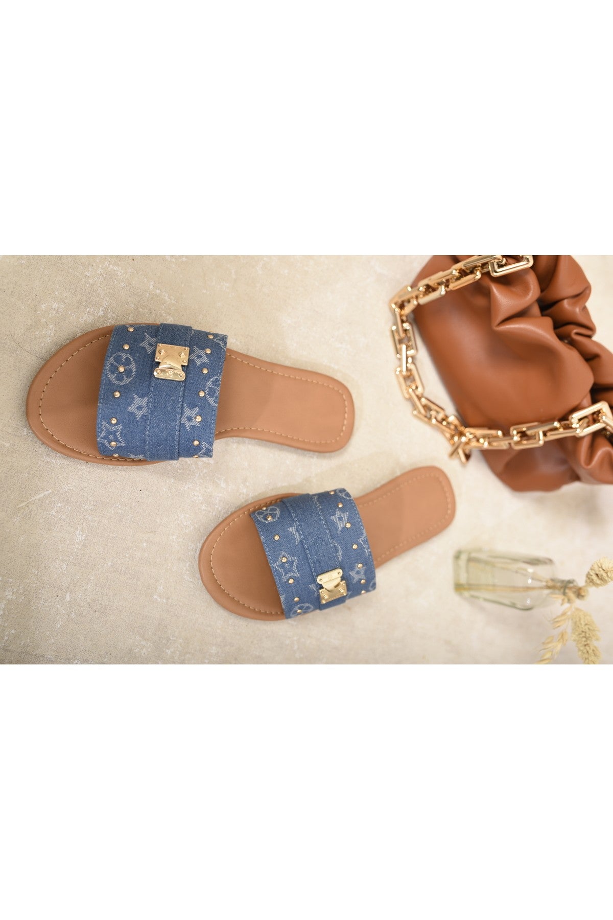 Jenny Open Toe Printed Flat Sandals - Blue