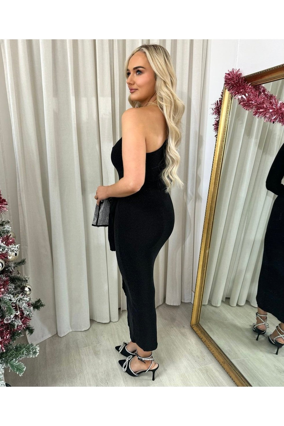 Jodie One Shoulder Wrap Front Glitter Midi Dress - Black