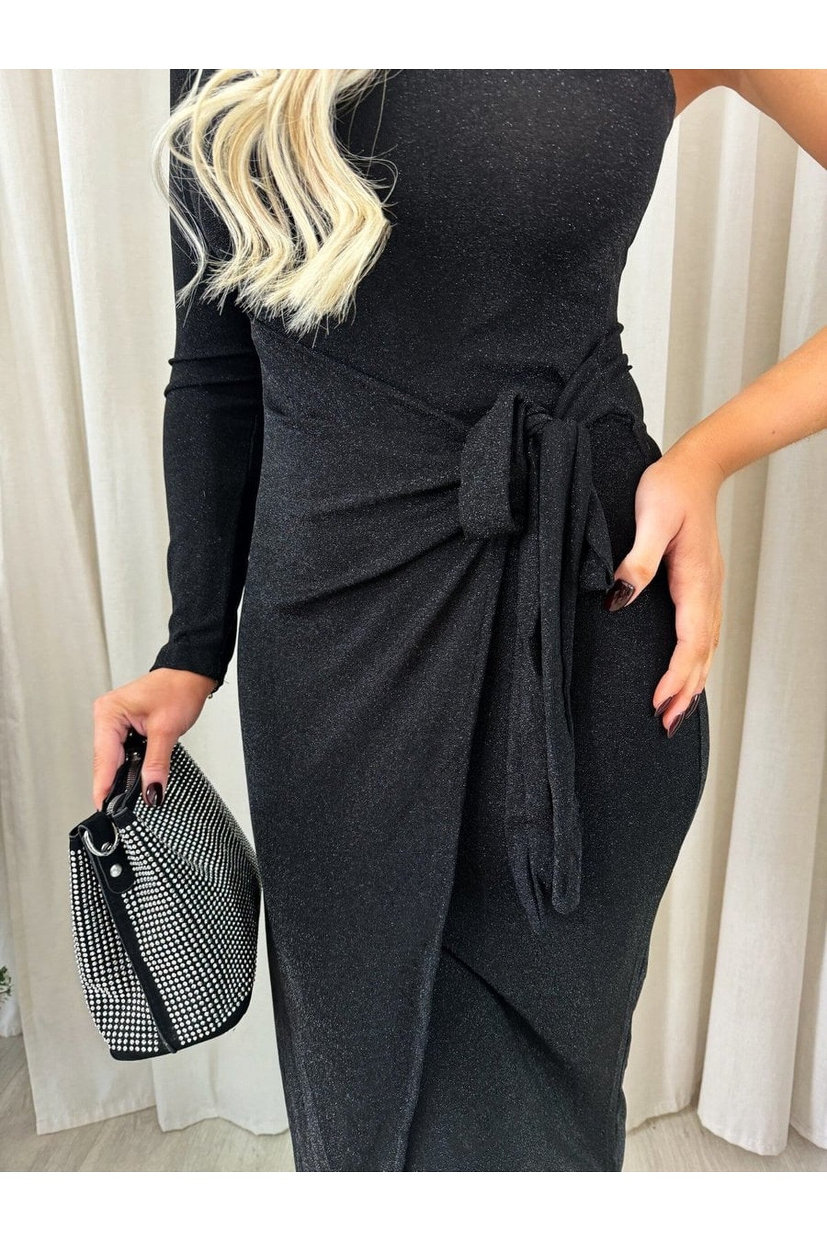 Jodie One Shoulder Wrap Front Glitter Midi Dress - Black