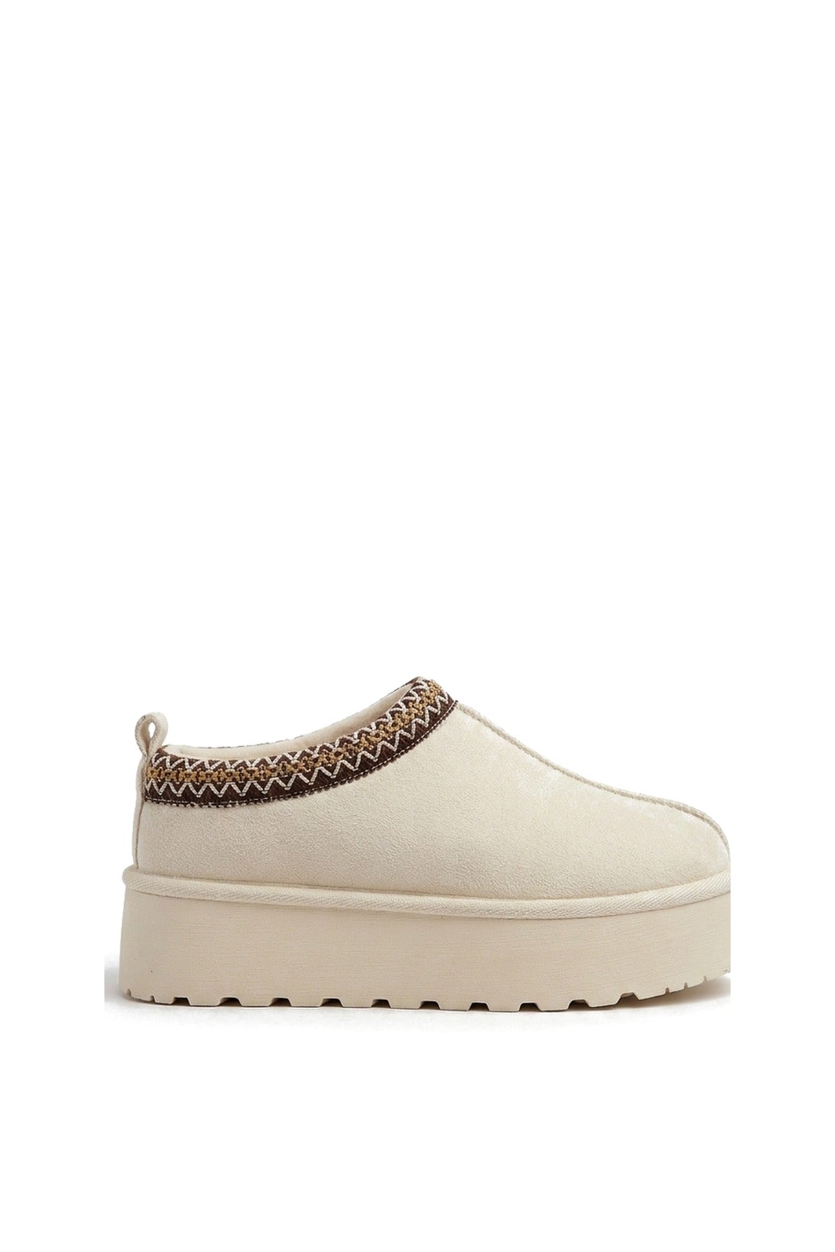 Jolene Aztec Detail Low Ankle Platform Slipper Boots - Cream