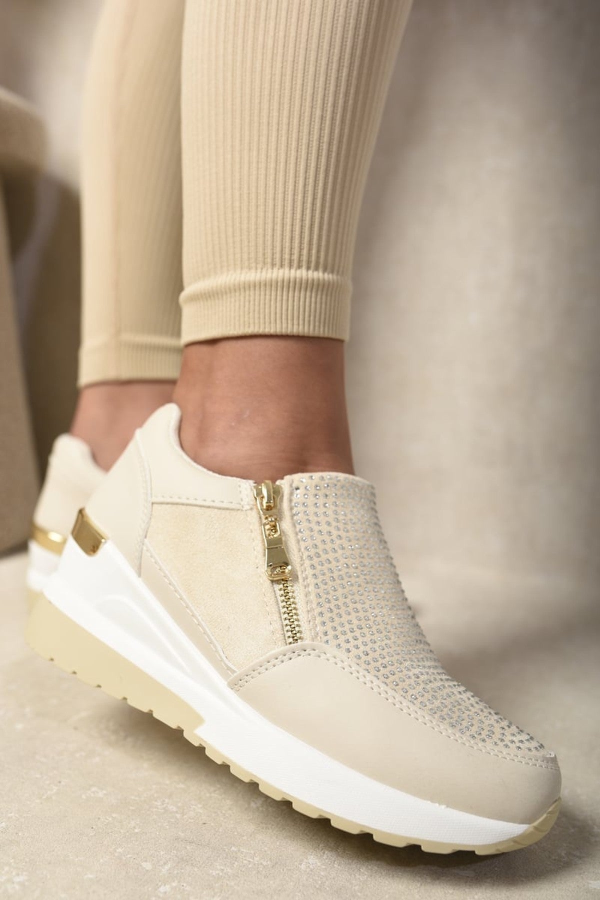Judith Rhinestone Decor Zip Platform Trainers - Beige