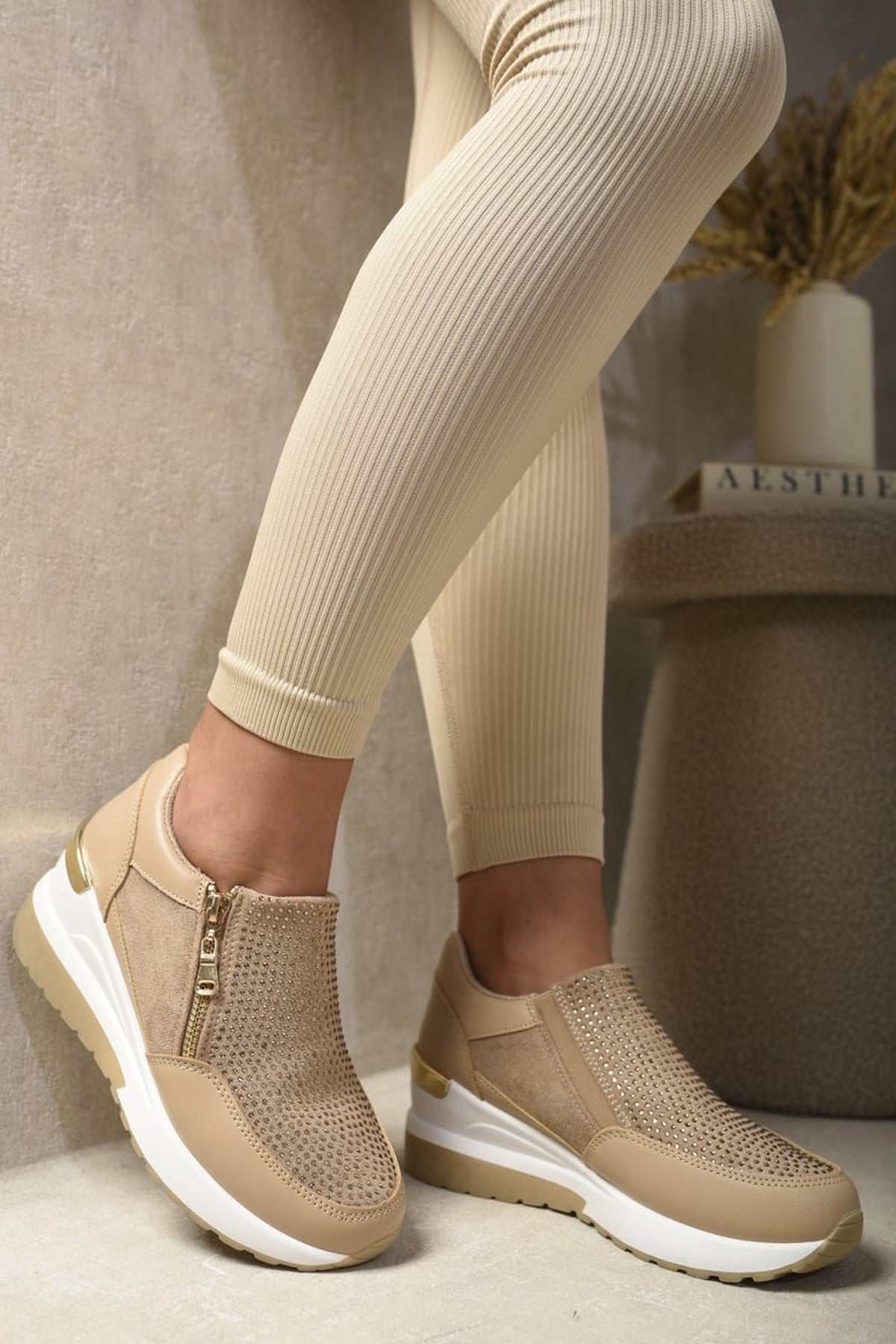Judith Rhinestone Decor Zip Platform Trainers - Khaki